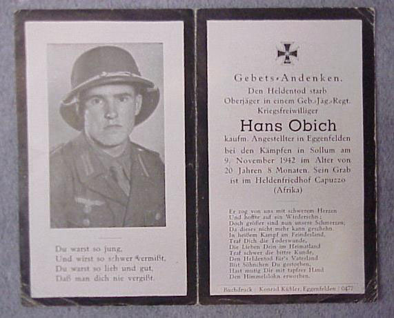 Army Afrika Korps Gebirgsjager Remembrance Card