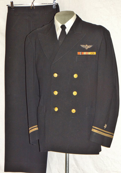 Named WW II U.S. Navy "LTJG" Dark Blue Coat & Trousers with Gold Bullion Pilot Wings