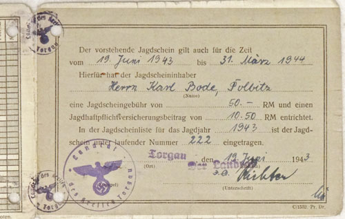 Hunting Permit for Hauptmann in the Army