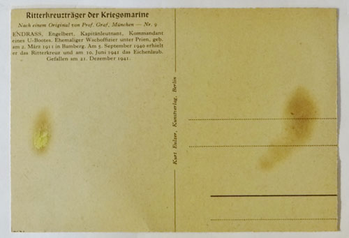 Kriegsmarine Knight Cross Winner Kapitanleutnant Engelbert Endrass Post Card