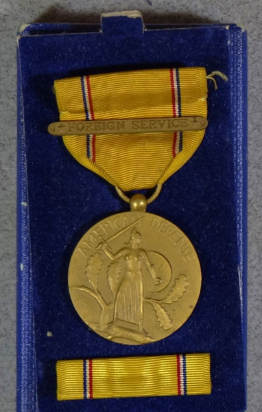 Boxed WW II "American Defense" Medal with "Foreign Service Bar"