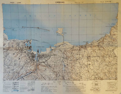 WW II U.S. Paper Map of "Cherbourg" France