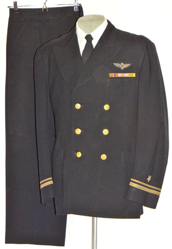 Named WW II U.S. Navy "LTJG" Dark Blue Coat & Trousers with Gold Bullion Pilot Wings