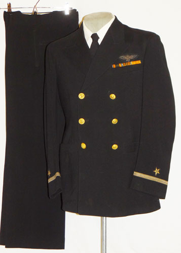 Named WW II U.S. Navy Ensign Dark Blue Coat & Trousers with Bullion Pilot Wings